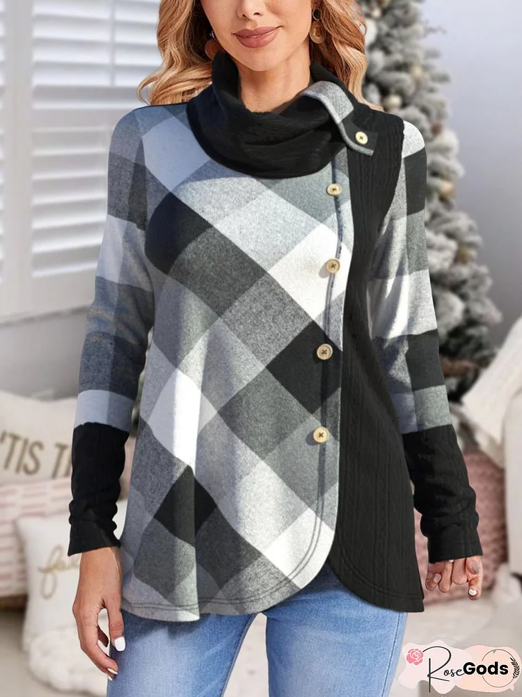 Turtleneck Loose Plaid Casual T-Shirt