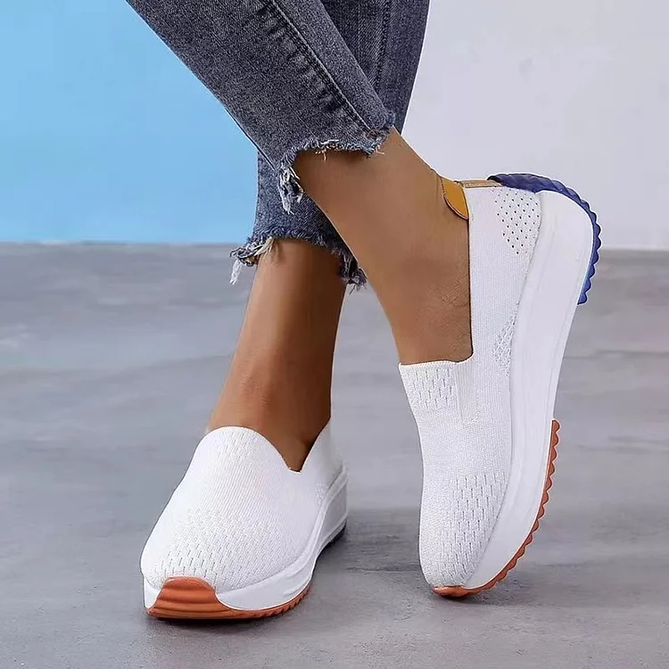 Women's Orthopedic Slip-On Wide Fit Knit Breathable Mesh Non-Slip Platform Flat Boat Shoes Soft Casual Sneakers Walking Shoes