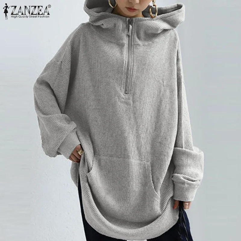 Fashion Women Autumn Long Sleeve Hoodies Sweatshirt ZANZEA Stylish Hooded Loose Pullover Fleece Sweatshirts Zipper Streetwear 7