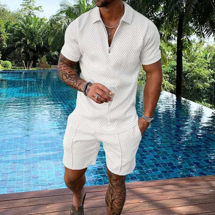 Men's casual solid color zipper polo suit