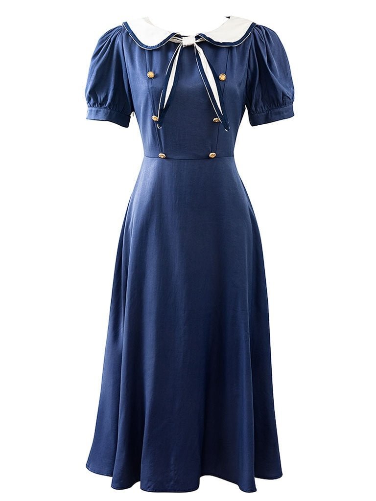 Navy Blue Sailor Collar Puff Sleeve Swing Dress
