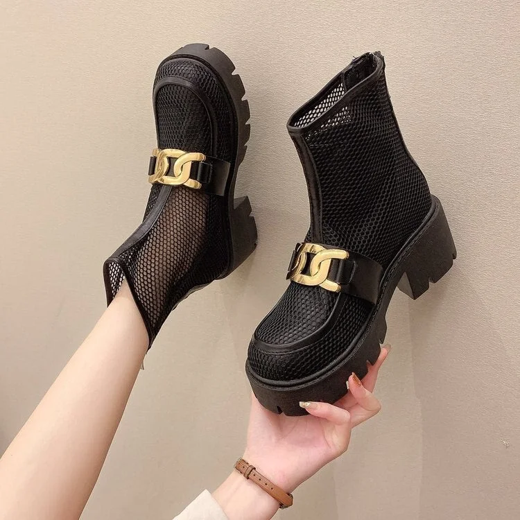 High Knee Cool Boots Sandals Women 2021 New 6.5cm Hihg Heels Rome Mesh Breathable Zipper Sandals Ladies Paltform Sandals Shoes
