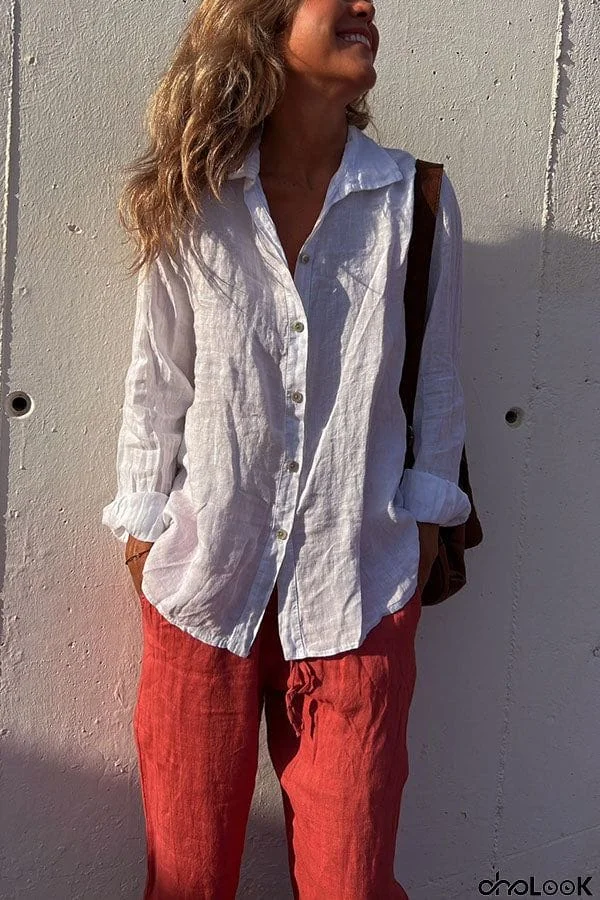 Problem Solved Linen Blend Button Up Casual Blouse