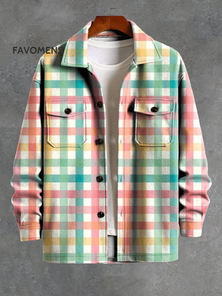 Vintage Colorful Hand Drawn Line Plaid Art Print Casual Jacket Multicolor / S
