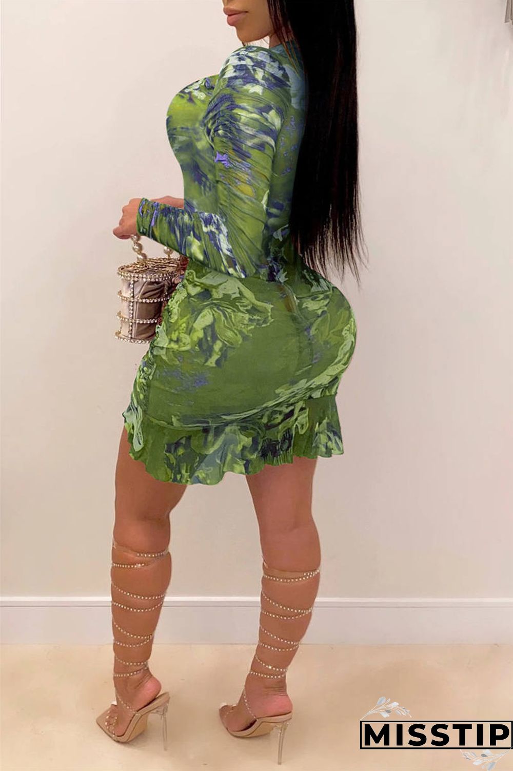 Blue Sexy Sleeve Long Sleeve Half A Turtleneck Asymmetrical Mini Print Dresses