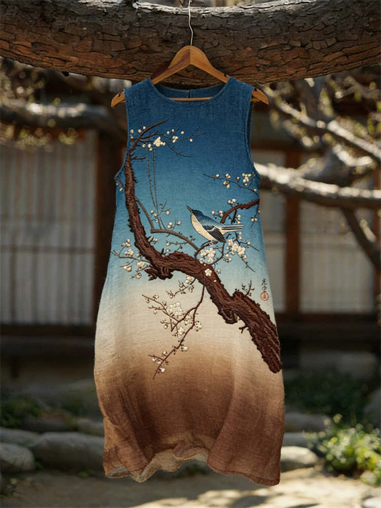 Birds Almond Blossom Japanese Art Gradient Linen Tank Dress wearshes