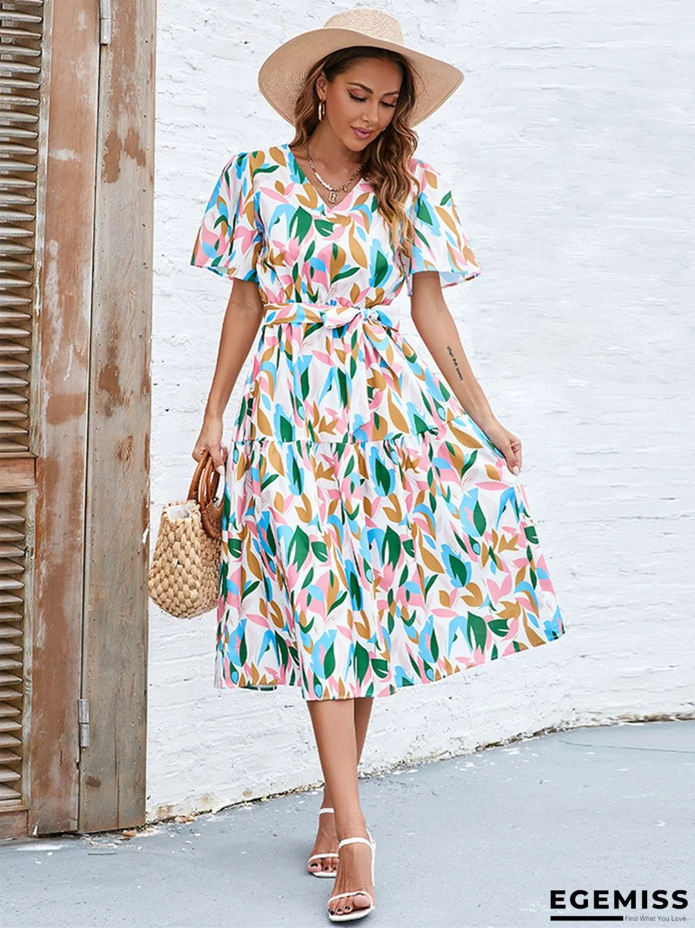 Bubble Sleeve V-neck Strapping High Waist Long Dress | EGEMISS