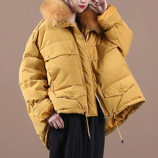 2021 plus size down jacket coats yellow faux fur collar drawstring duck down coat