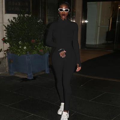 Uveng Zipper Stretch Turtleneck Embroidered Street Hipster Slim Fit Fitness Jumpsuit Yoga Suit