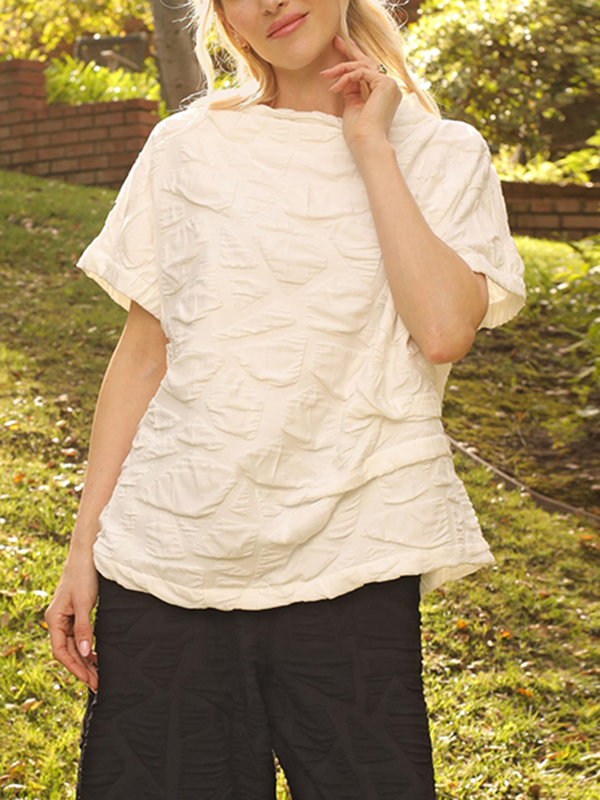 Puff Jacquard Side Pleat Details Asymmetric Hem Blouses