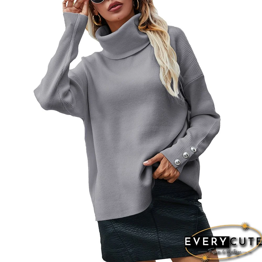 Gray Turtleneck Button Cuff Long Sleeve Knit Sweater