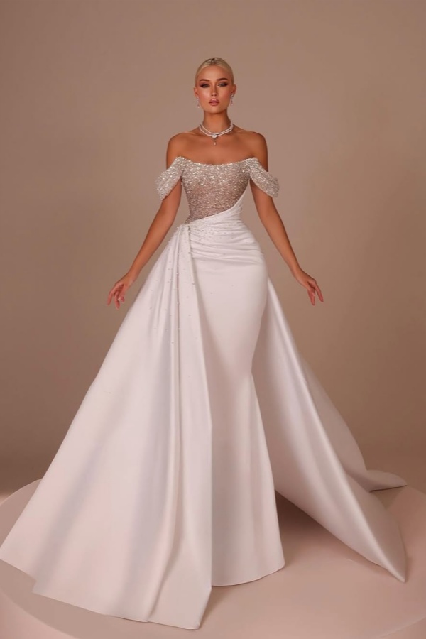 White Off-the-Shoulder Sequins Long Prom Dress Sleeveless with Beads QL0084