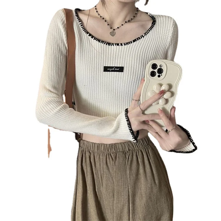 Uveng Uveng Back Bottom Top White High-Waisted Short-Sleeved Knitted Shirt Women In Spring And Autumn Strapped Ribbons To A Body-Repair Sweater