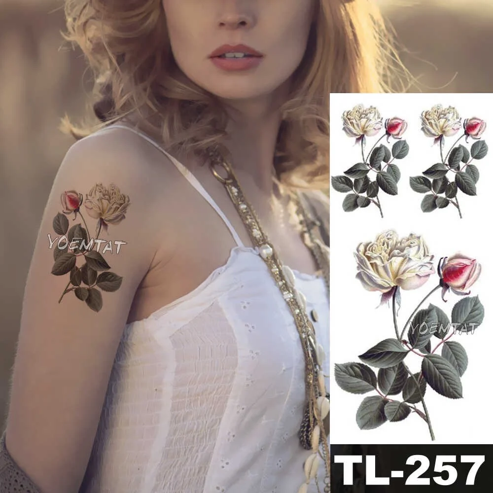 Sdrawing Flower Waterproof Fake 3D Rose Temporary Tattoos Dasiy Lily Kids Tattoo Sticker Girls Fake Arm Neck Jewels Tatoo Body Arm