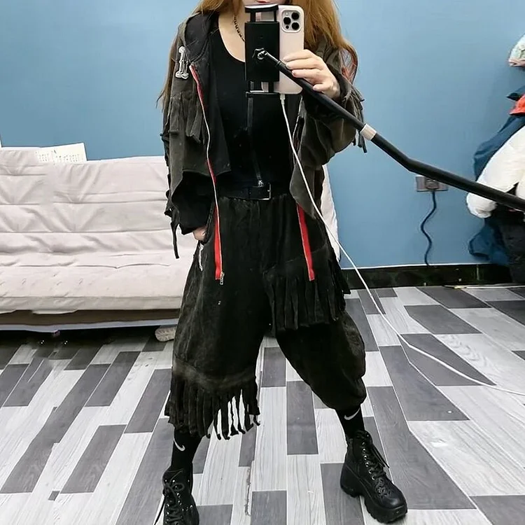 Street Solid Color Hooded Zip-up Jacket & Elastic Waist Patchwork Asymmetrical Tassel Pants Set