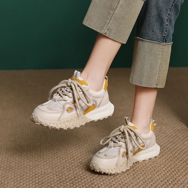 Yyvonne Layer Of Cowhers Old Dad Shoes 2025 Spring And Summer New Breathable Mesh Thick Bottom Casual Lace Single Shoes