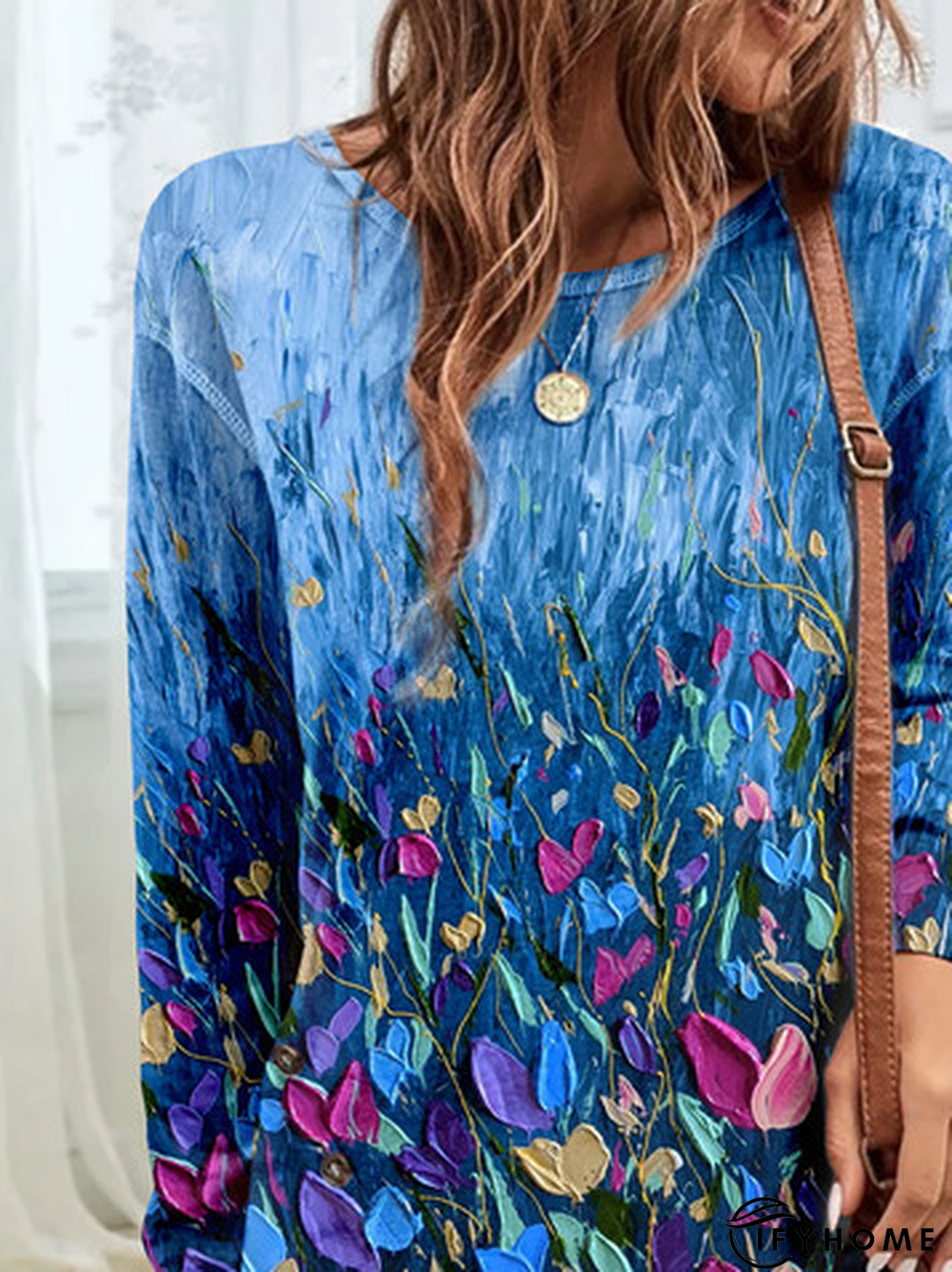 Casual Buckle Abstract Floral Printed Crew Neck Tunic T-Shirt | IFYHOME