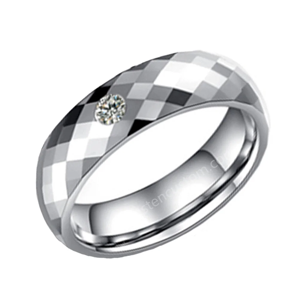 6MM 8MM Silver Tone Multi Faceted Couples Tungsten Wedding Rings With Cubic Zirconia