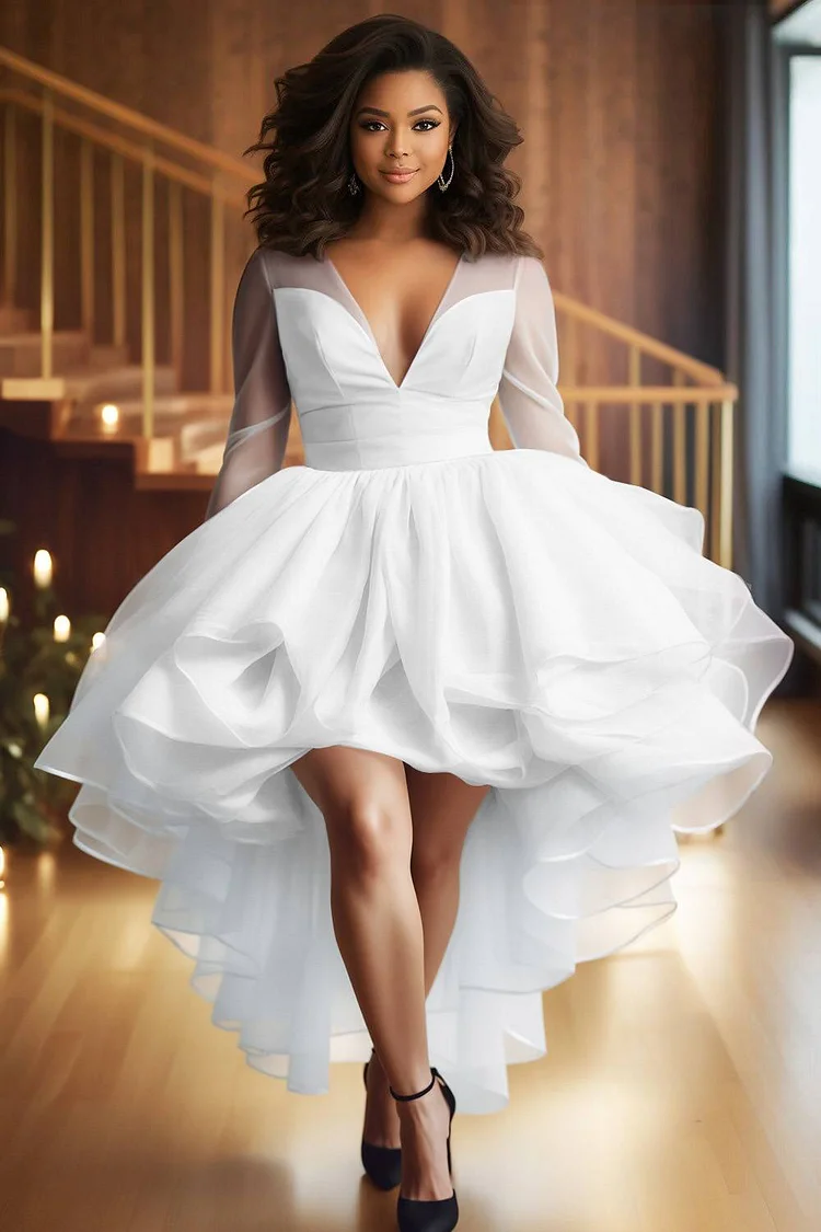 Xpluswear Design Plus Size Wedding White V Neck Long Sleeve High Low Hem Ruffle Tulle Mini Dresses 2024 - Xpluswear
