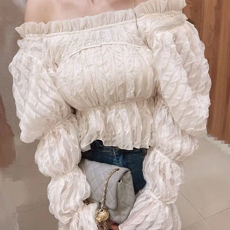 2023 Spring New Style Korean Retro Square Collar Sweet And Versatile Pleated Lace Design Long-sleeved Shirt Female Chic Top