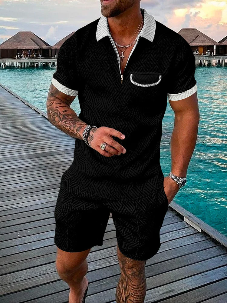 Men's Solid Color Zip Polo Shirt and Shorts Two-Piece Suits