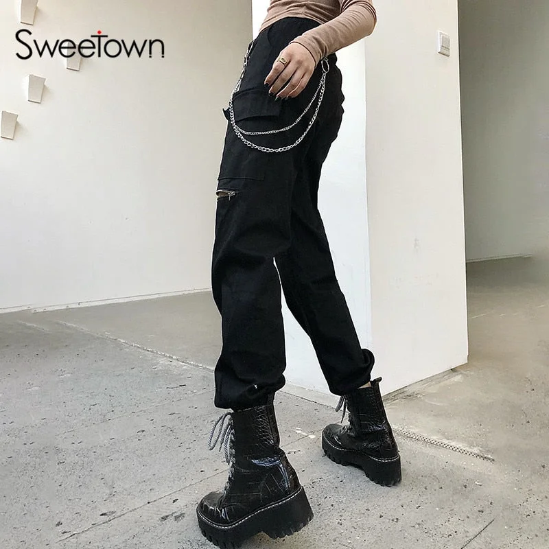 Sweetown Goth Black Cargo Pants Women Punk Style Metal Chain Girl Clothes Zip Open Hippie Elastic High Waist Streetwear Jogger