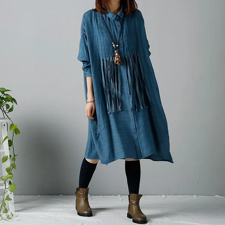 Tasseled denim blue winter dresses plus size shirts