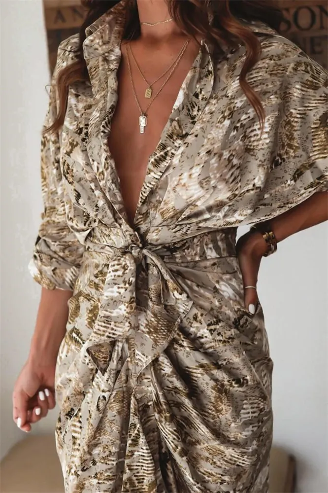 Distinctive Print 3/4 Sleeve Maxi Dress With Belt-vocosishoes