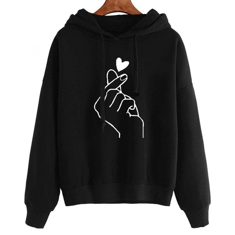 Women Hoodies Casual Kpop Finger Heart Love Pattern Hooded Sweatshirts Fashion Drawstring Long Sleeve Female Pullovers Plus Size