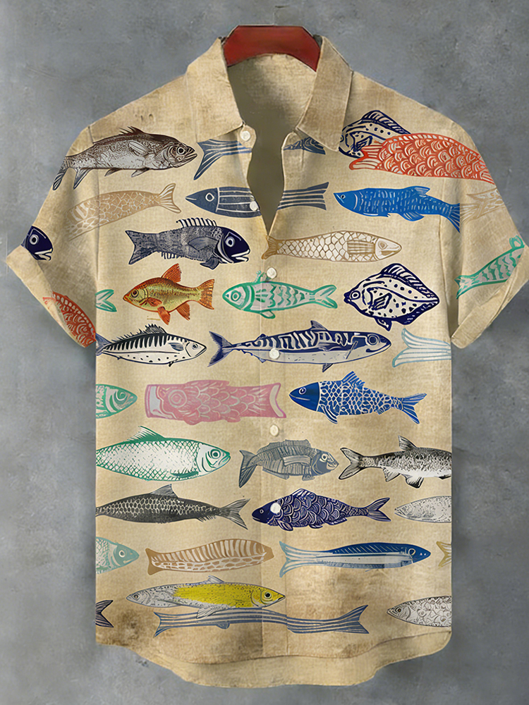 Colorful Fish Shoal Japanese Linen Short-sleeved Shirt  artssus