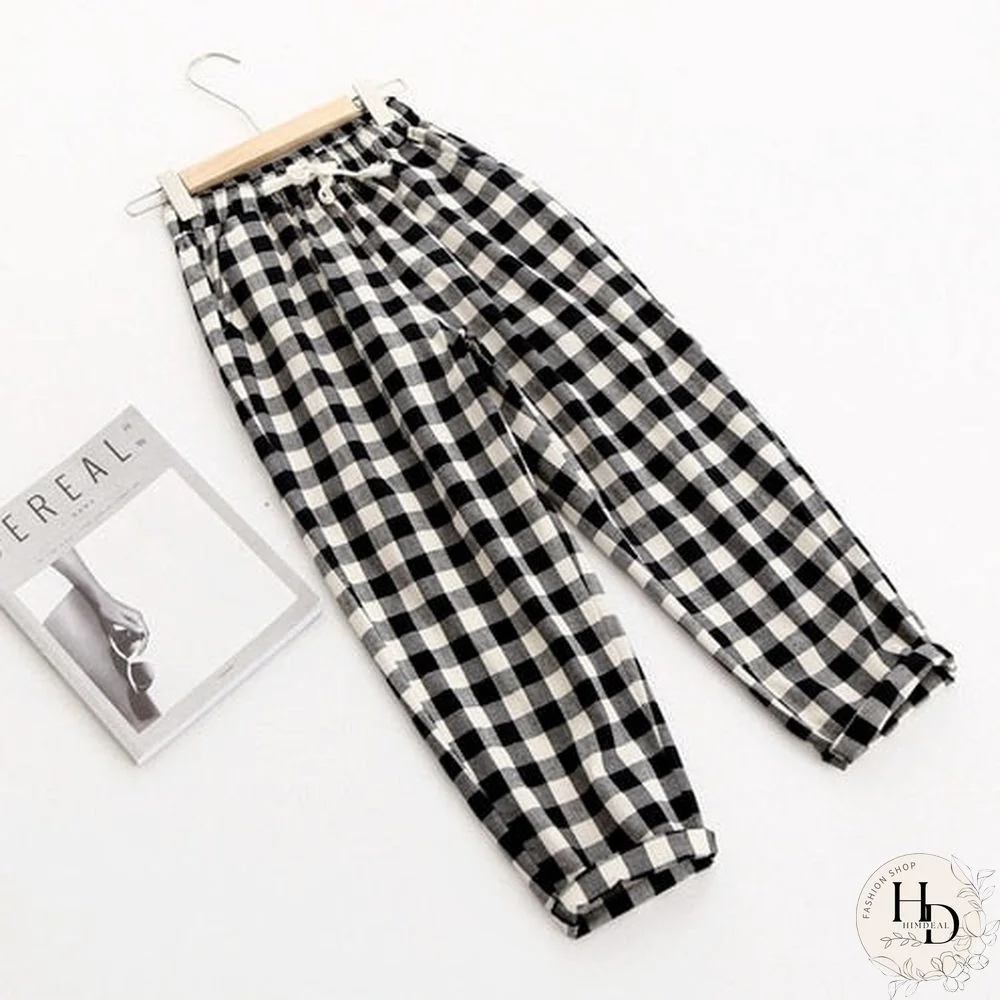 Spring Summer Plaid Pants Women'S  Harem Pants Capris Drawstring Waist Large Size Casual Loose Cotton Linen Trousers Women