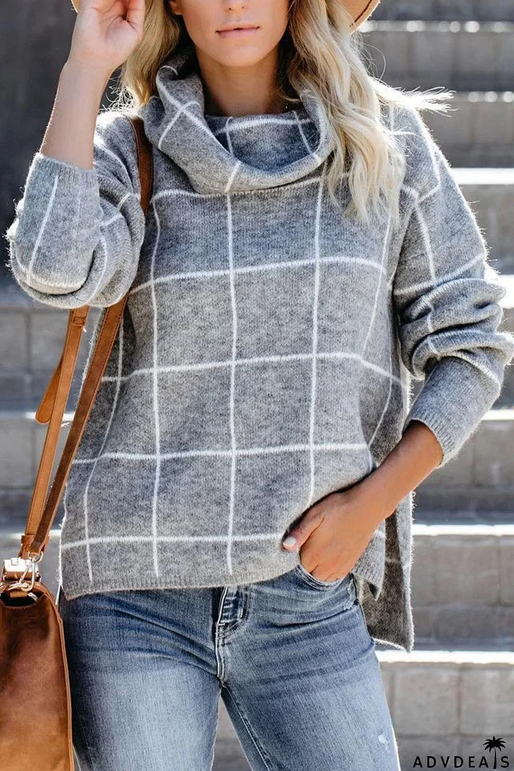 Plaid Turtleneck Drop Shoulder Sweater