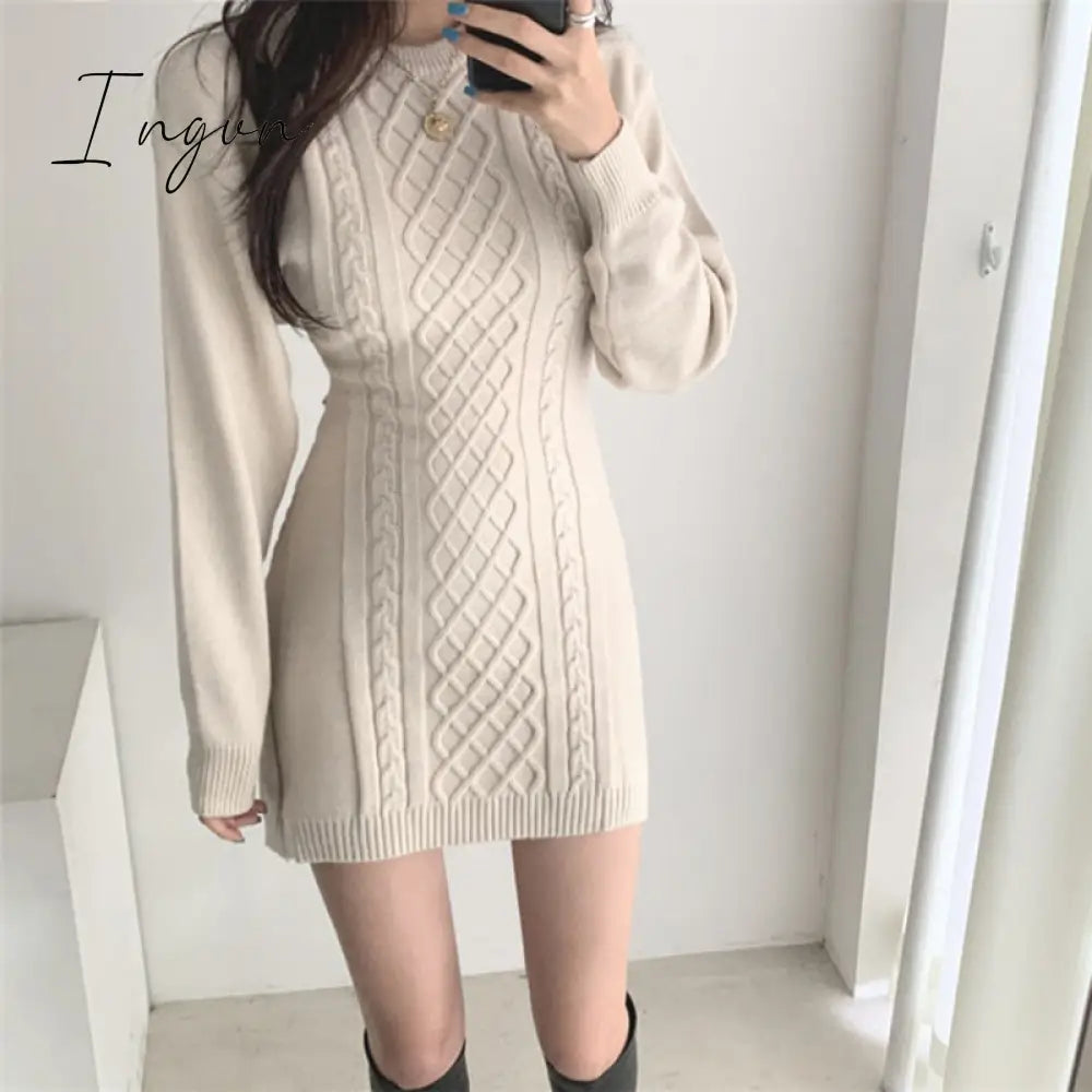 Ingvn - Fashion Hollow Out Waist Sweater Dress Women Autumn Winter High Elastic Twist Knitted