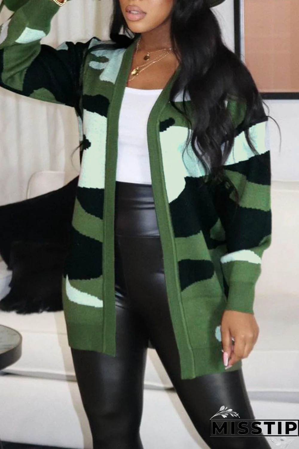 Green Casual Print Camouflage Print Patchwork Outerwear