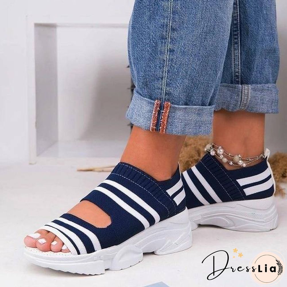 New Women Sandals High Heels Platform Women Shoes Summer Casual Female Sneakers Knitting Slip On Peep Toe Women Sandals