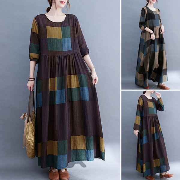 Women Casual Long Sleeve O Neck Dress Oversize Grid Printed Vintage Sundress - Shop Trendy Women's Clothing | LoverChic