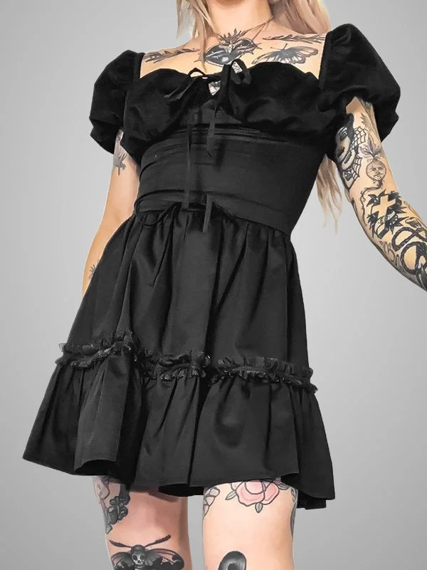 Dark Style Sexy Designed Lace-up Tight Waist Balloon Sleeve Dress