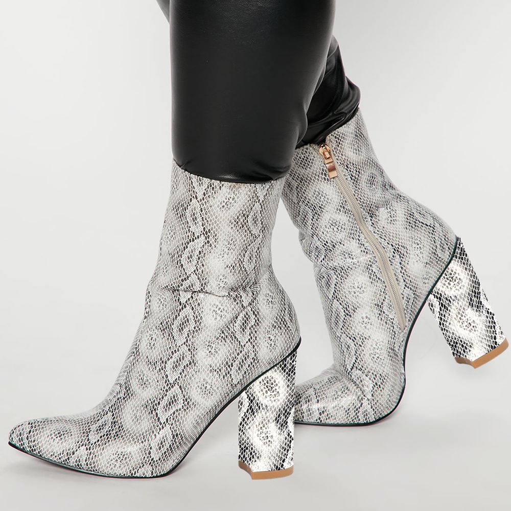 Snake Texture Short Boots Chunky Heel Zipper Booties Nicepairs