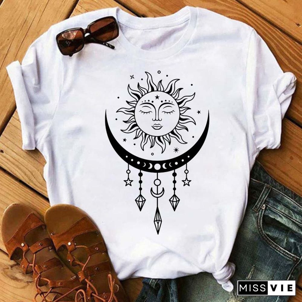 Maycaur Women Harajuku T Shirt New Moon Star Printed T Shirt O-Neck Summer Short Sleeve Tees Women Clothes Graphic T Shirts