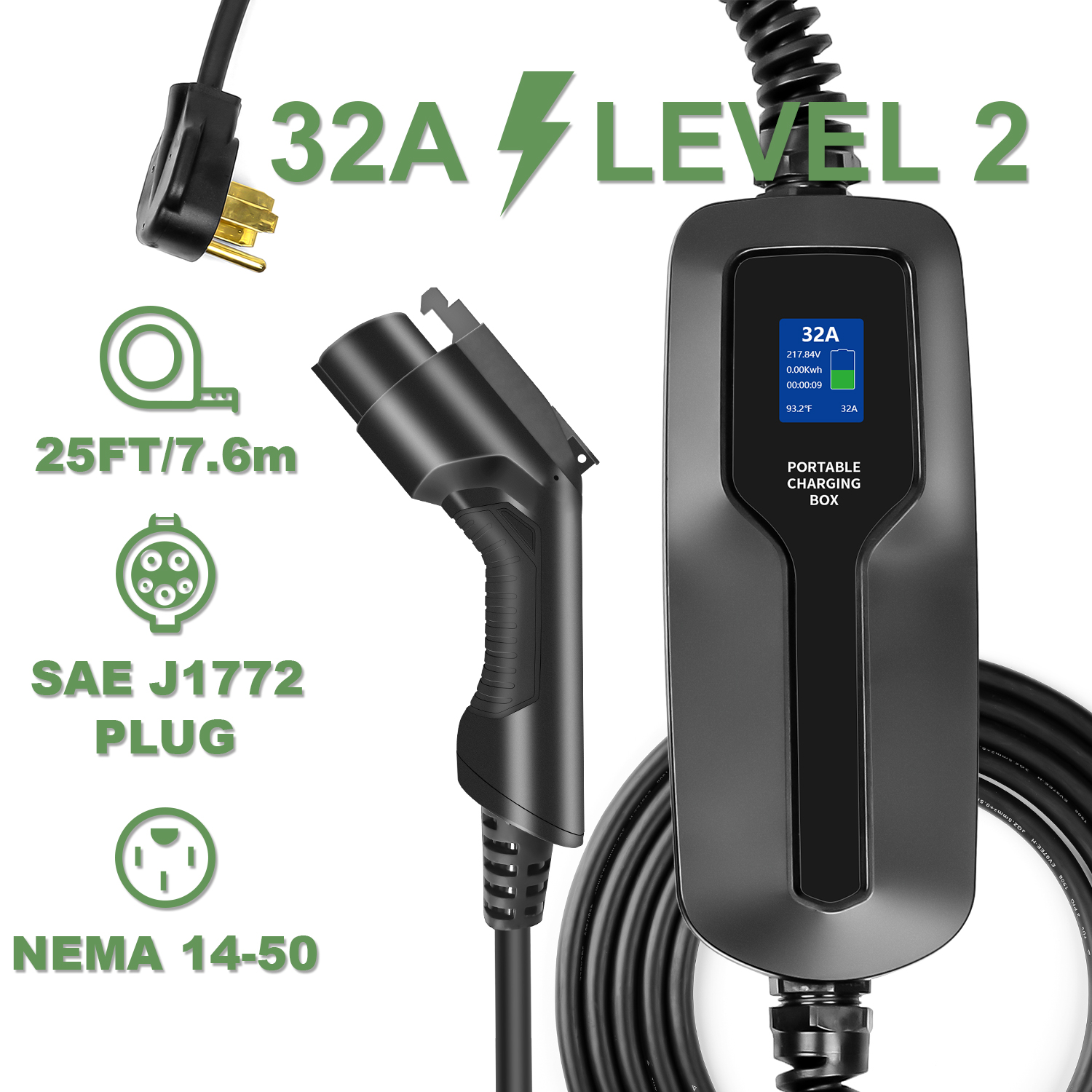 LEFANEV Câble de chargeur EV niveau 2 (110-240V, 10/16A, 25FT