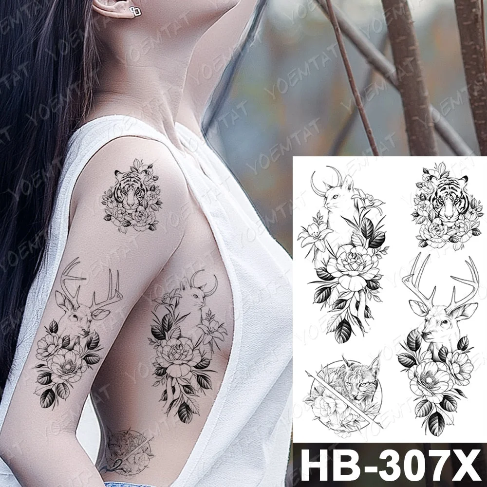 Waterproof Temporary Tattoo Wolf Lion Tiger Fierce Animal Clock Rose Owl terror Male Tatoo Body Glittering Art Woman fake tattoo