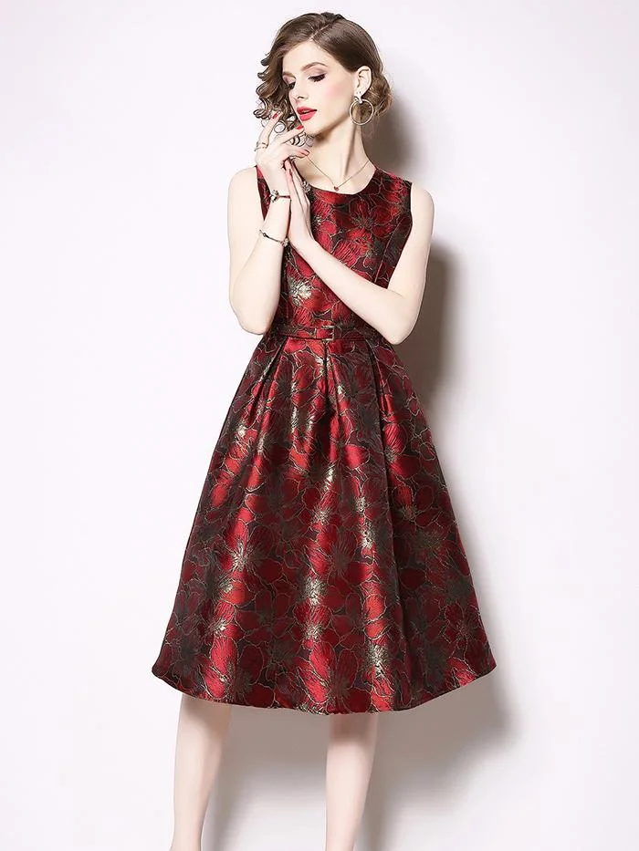 Retro Sleeveless Jacquard Dress Slim A-line Skirt