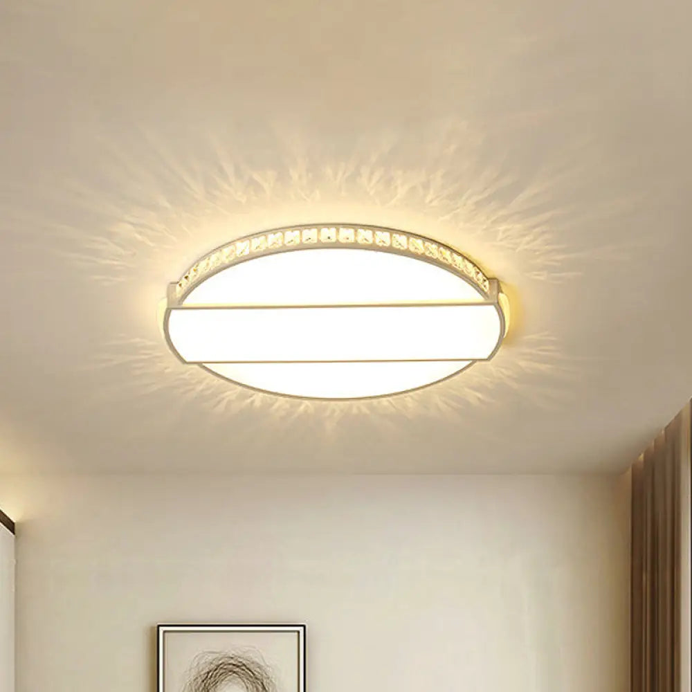 Modernist White Led Ceiling Lighting For Bedroom - Faceted Cut Crystal Disc Flush Mount