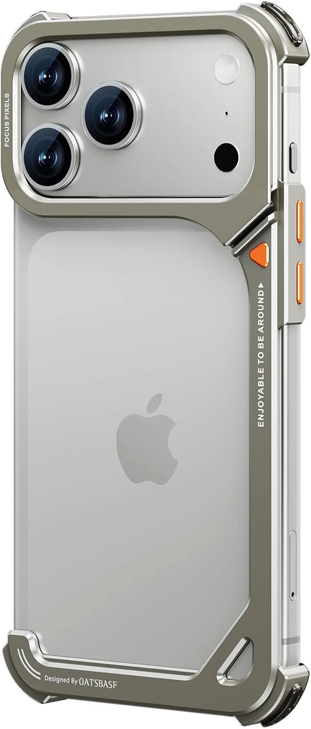 Compatible with iPhone 17 Pro Max metal protective case, aluminum frame, slim backless design, MagSafe compatible, shockproof protection, minimalist frameless phone case, natural titanium