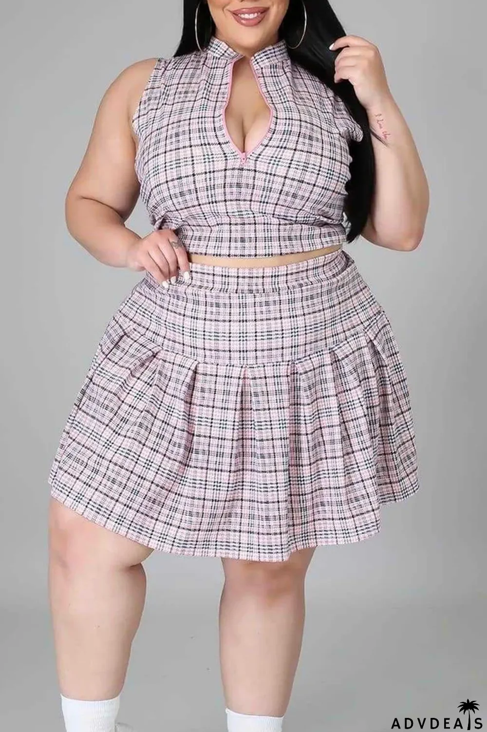 Yellow Fashion Casual Plaid Print Patchwork Zipper Collar Plus Size Two Pieces