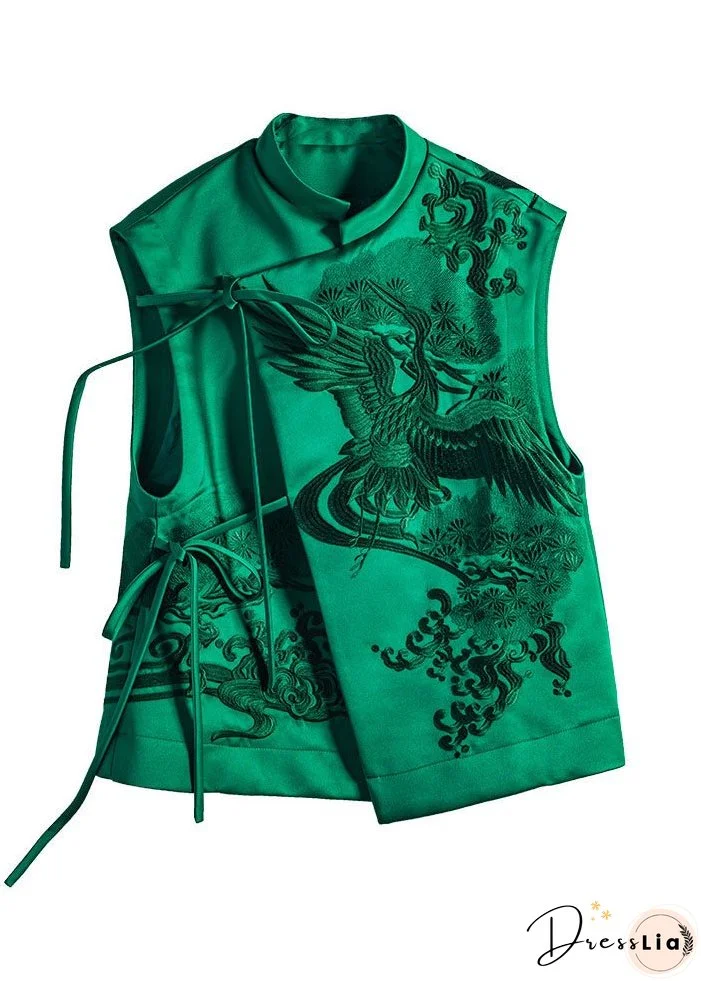 Plus size Green Stand Collar Embroideried Lacing Silk Vest Spring