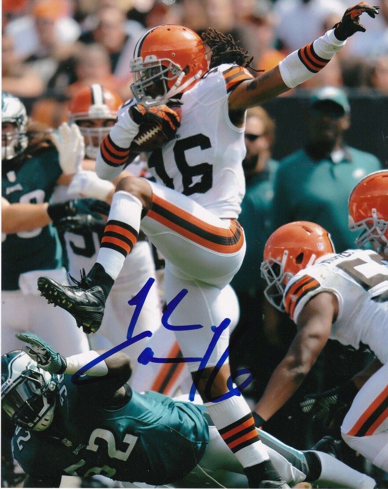 JOSH CRIBBS CLEVELAND BROWNS ACTION SIGNED 8x10