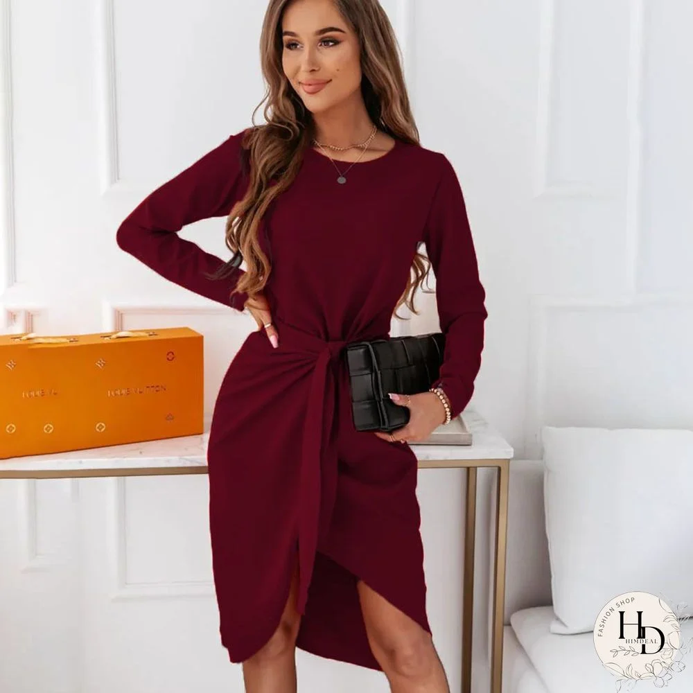 Autumn Irregular Midi Dresses Women Solid Long Sleeve O- Neck Elegant Dress High Waist Slim Black Belt Dress Female Clothing For