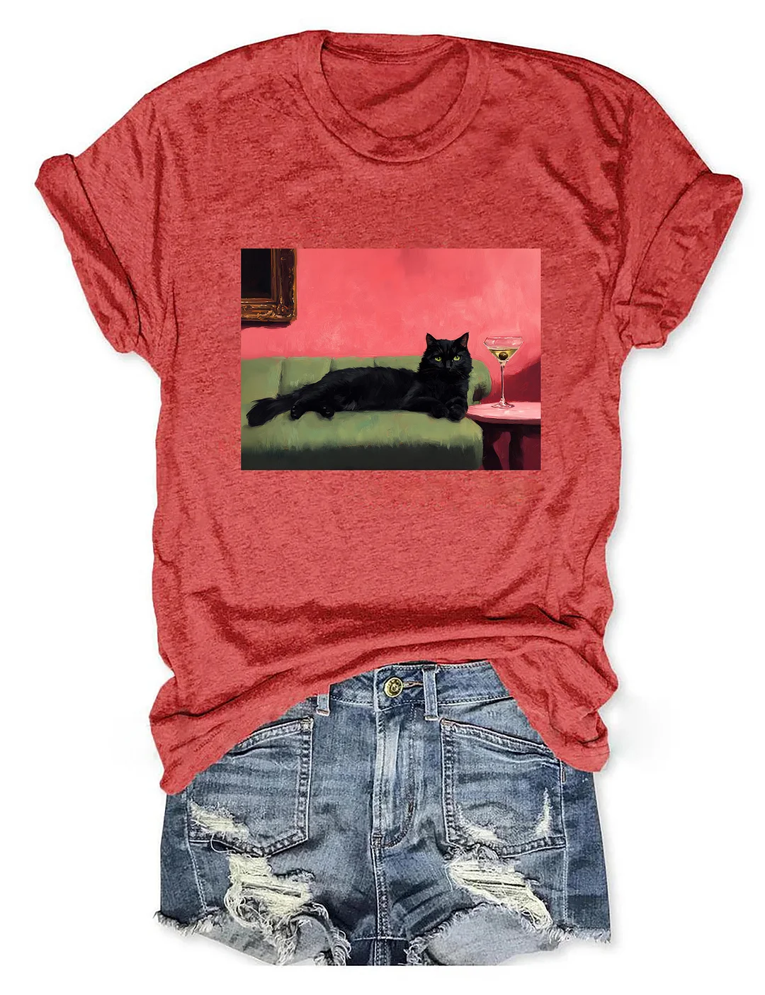 Black Cat With Martini Art T-shirt