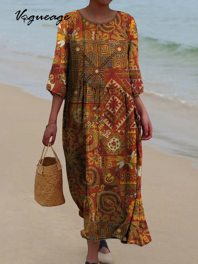 Elegant Ethnic Style Printed Women's Casual Cotton And Linen Dress